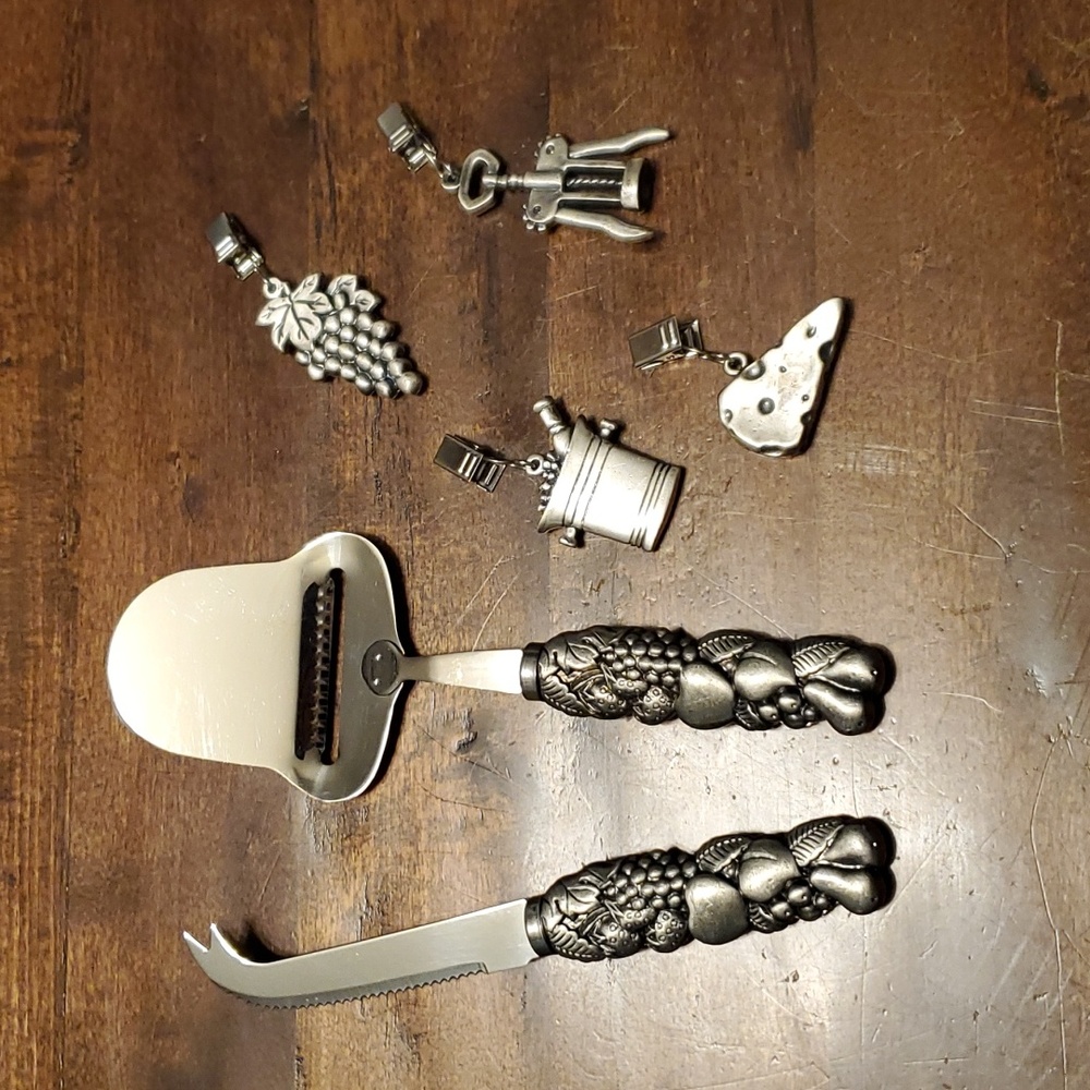 Stainless cheese slicer & knife, 4 Pewter tablecloth weights & Tray.